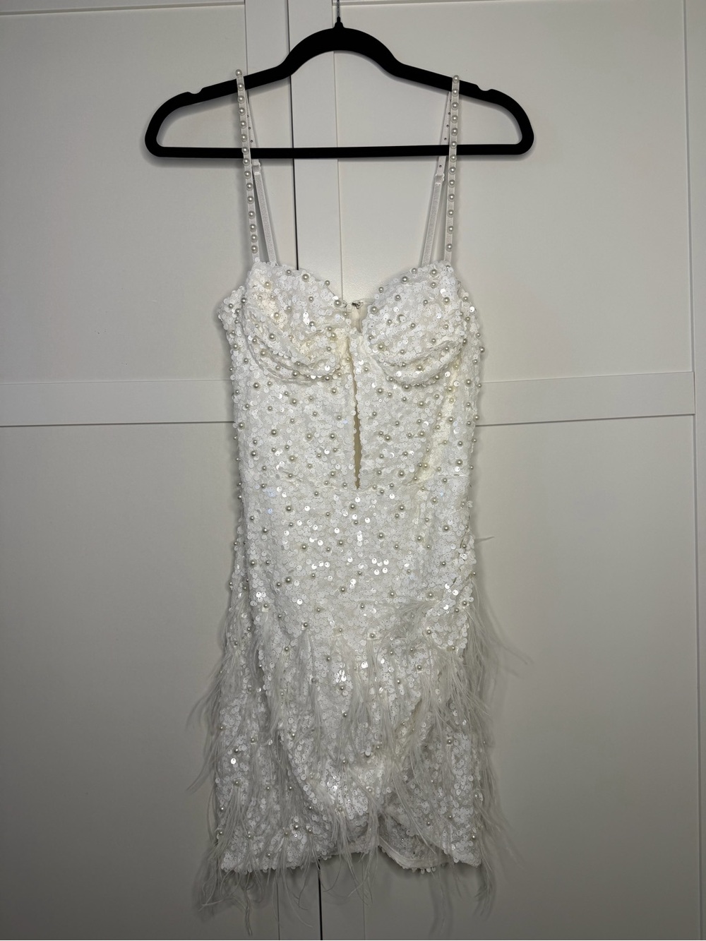 White Sequin and Feather Bodycon Dress